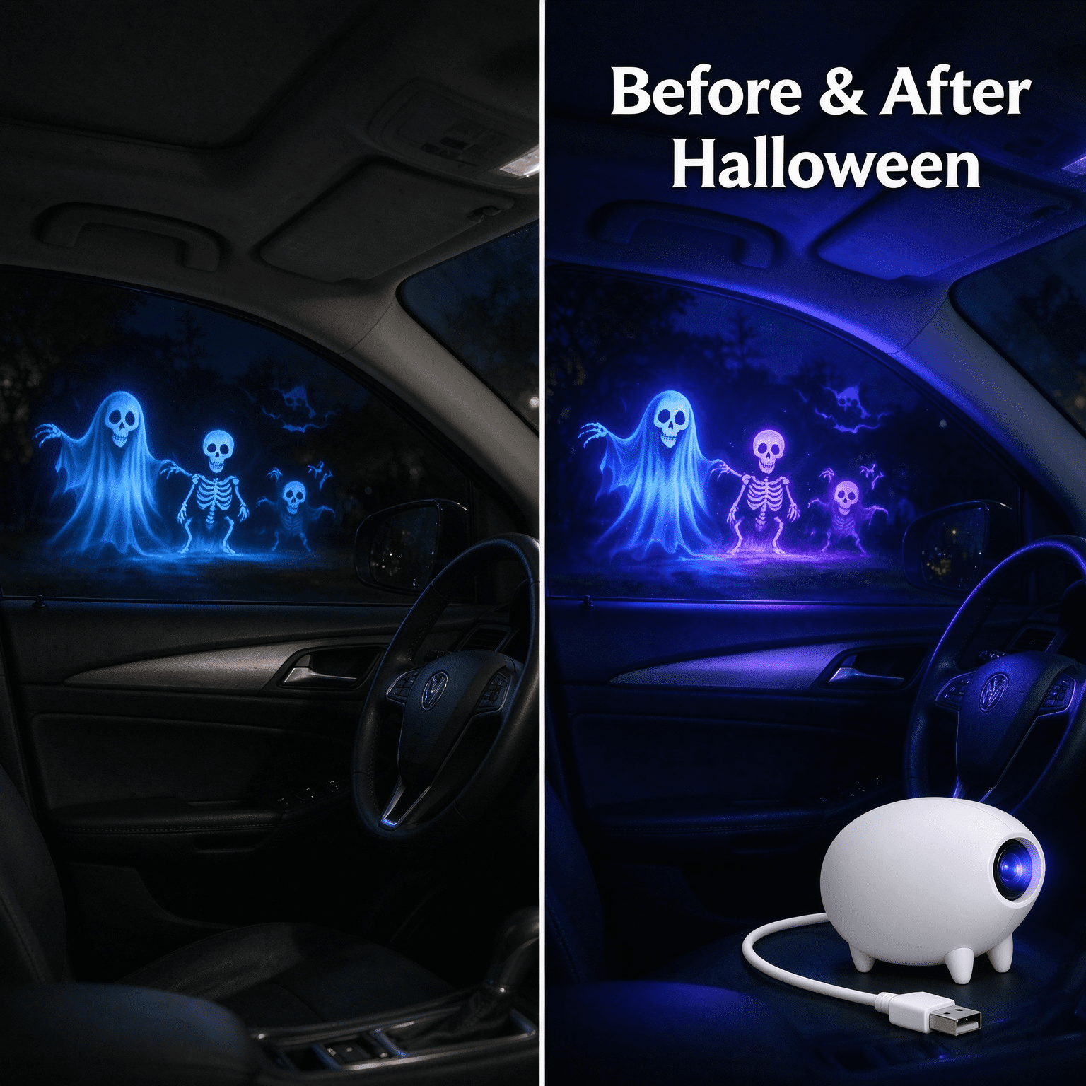 Halloween Projector Car Accessory, USB Animated Ghost Skull Window ...