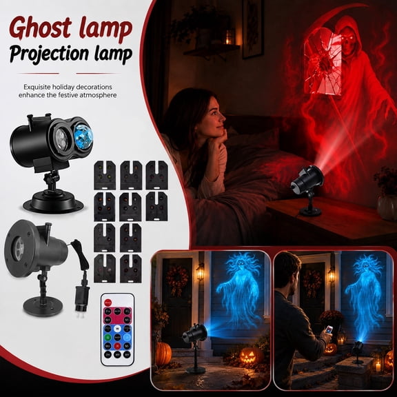 Halloween Projector Lights Outdoor, 10 Swap Slides Dynamic Reaper Ghost Projection Light with Ground Stake & Suction Cup, Waterproof Yard Window Decor