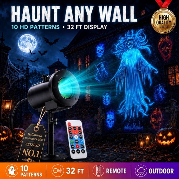 Halloween Projector with 10 HD Patterns, 32 ft Projection Light for Yard Window Decor