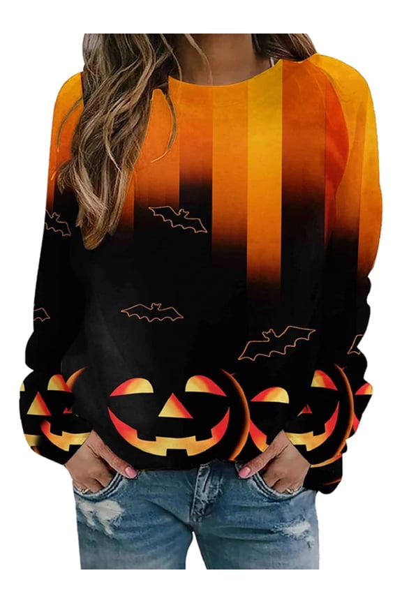 Halloween Pullover Sweaters For Women Long Sleeve Bat/Pumpkin/Witch/Cat Print Loose Sweatshirt