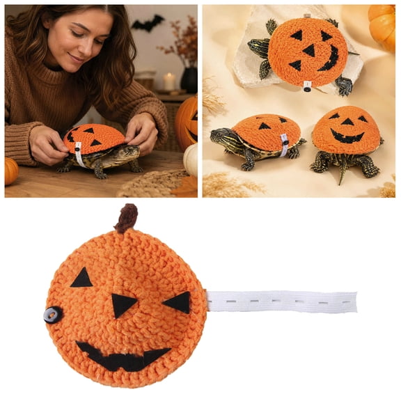 Halloween Pumpkin 3D Knit Tortoise Sweater, Soft Stretch Yarn Handmade Amphibian Outfit with Adjustable Snap, Breathable Shell Decor Clothes for Turtles Basking Cosplay Party Pet Photo Prop Supplies