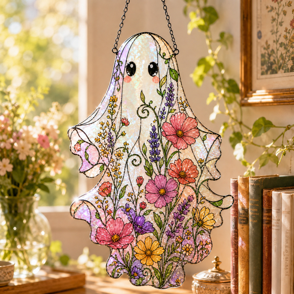 Halloween Pumpkin Acrylic Suncatcher Wildflower Ghost Acrylic Window Hanging for Fall Decor