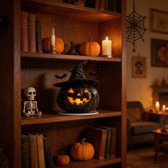 Halloween Pumpkin Acrylic Tabletop Stand Decor, Clear Thick Acrylic Base, Stable Round Stand Rich Scene Elements for Halloween Party, Bar, Window