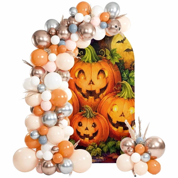 Halloween Pumpkin Arch Backdrop Covers 5 FT, Fall Vintage Fantasy Carved Pumpkin Lanterns Stretchy Fitted Arched Stand Covers Party Arch Stand Cover Photo Booth for Wedding Birthday Decor