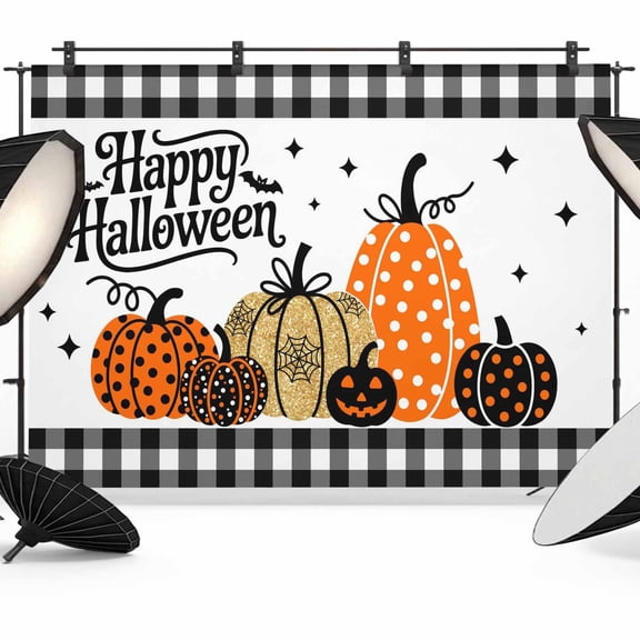 Halloween Pumpkin Backdrop for Photoshoot,Photography Photo Studio Background Wall Backdrop,Orange Black Gold Polka Dot Plaid Back Drop Banner Panel for Portraits Wedding Party Live Streaming 8x6Ft