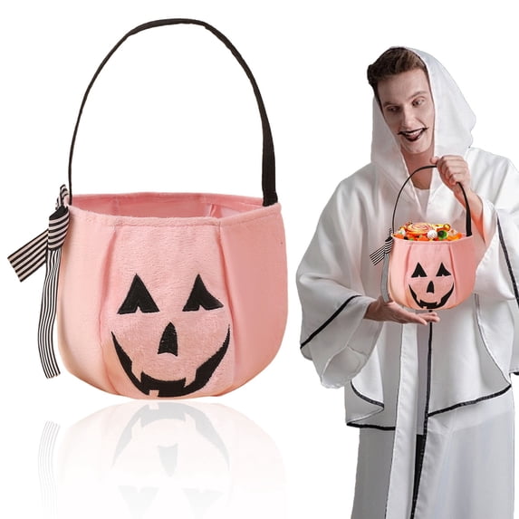 Halloween Pumpkin Bag - Handheld Halloween Pumpkin Candy Bucket with Bow,Kids Trick Or Treat Bag for Halloween Party Decor(Pink)