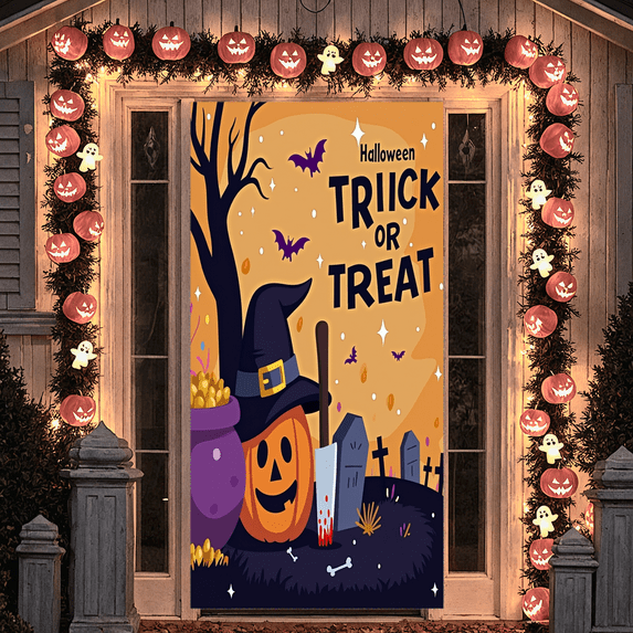 Halloween Pumpkin Banner Witch Hat Cemetery Decoration Trick or Treat Poster for Halloween Party Indoor Outdoor