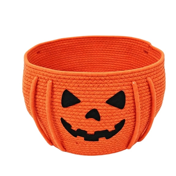 Halloween Pumpkin Basket Cotton Rope Woven Candy Storage Basket, Orange Jack-o'-lantern Face Trick or Treat Bowl Home Decor Organizer