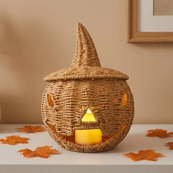 Halloween Pumpkin Basket Woven Candy Bowl Container Jack O Lantern Tabletop Decor Handwoven Rattan Storage Bin with Witch Hat Lid for Fall Holiday Countertop Home Party Decoration, Natural