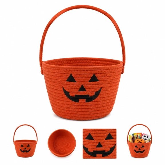 Halloween Pumpkin Basket for Trick or Treat Candy Bucket Cute Rope Woven Basket with Handle Fall Party Decoration