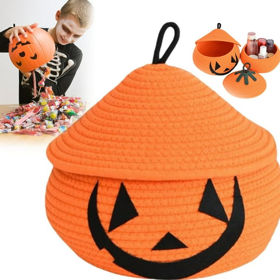Halloween Pumpkin Basket with Lid - Woven Rope Storage Bin for Candy/Snacks, Festive Decor with Natural Material, Holiday Home & Party Use