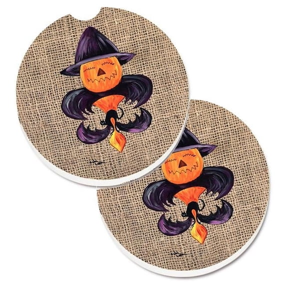 Halloween Pumpkin Bat Fleur De Lis Set of 2 Cup Holder Car Coaster