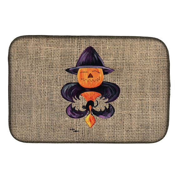 Halloween Pumpkin Bat Fleur de lis Dish Drying Mat