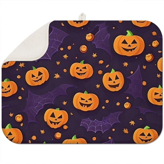 Halloween Pumpkin Bat Pattern Dish Drying Mat for Kitchen 1 Pack, Ultra Absorbent Microfiber Dishes Drainer Mats,18x24in(46x61cm)