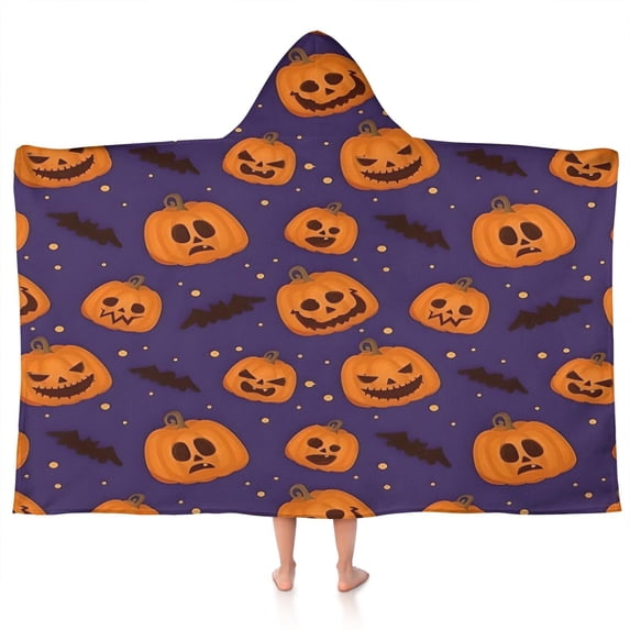 Halloween Pumpkin Bat Pattern Hooded Bath Towel,50"x30" for Ages 3 To 12 Kids, Quick Dry Lightweight Soft Microfiber Hood Beach Towel Cover Up for Kids