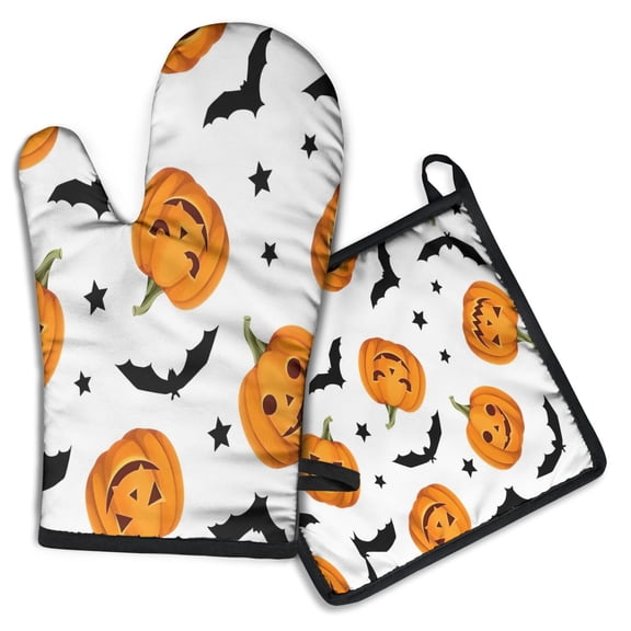 Halloween Pumpkin Bat Pattern Kitchen Oven Mitt and Pot Holder Sets 2 Pcs for Baking, Cooking and Grilling, Heat Resistant Up To 392 °F