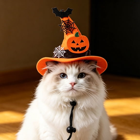 Halloween Pumpkin Bat Pet Witch Hat 13.5Ã11.5cm, Felt Adjustable Cat Dog Wizard Hat with Spider Web Decor, Cute Pet Accessory for Small Puppy Kitten Halloween Party