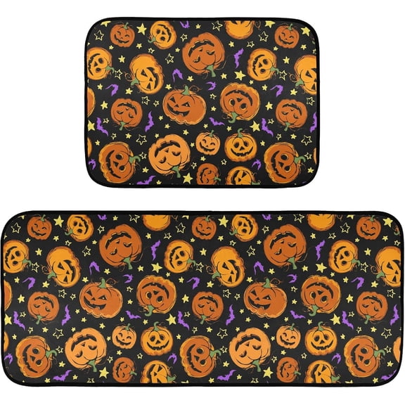 Halloween Pumpkin Bat Star Kitchen Rugs Set of 2 Pieces, Non Slip Cushioned Anti Fatigue Mats for Kitchen Floor, 19.7" X27.6+19.7" X47.2 Heavy Duty Comfort Standing Mats