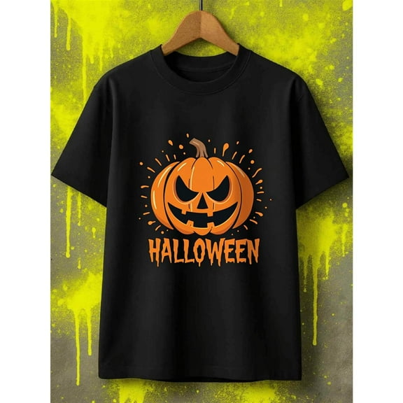 Halloween Pumpkin Bat T Shirt Graphic Tee For Party Streetwear Short Sleeve Round Neck Black S-5XL