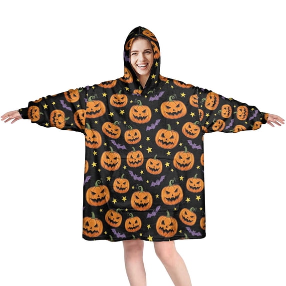 Halloween Pumpkin Bat Wearable Blanket Hoodie, Flannel Oversized Blanket Hoodies with Sleeves & with Sleeves & Pockets, Warm Gifts Ideas for Reading Watching TV and Relaxi