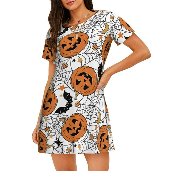 Halloween Pumpkin Bat Women'S Nightgown Sleepwear Short Sleeves Nightshirt Loose Comfy Pajama Small
