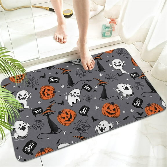 Halloween Pumpkin Bath Mat Rubber Non Slip Quick Dry Super Absorbent Thin Bathroom Rugs for Bathtub Shower Room Sink ( 17" L x 27" W )