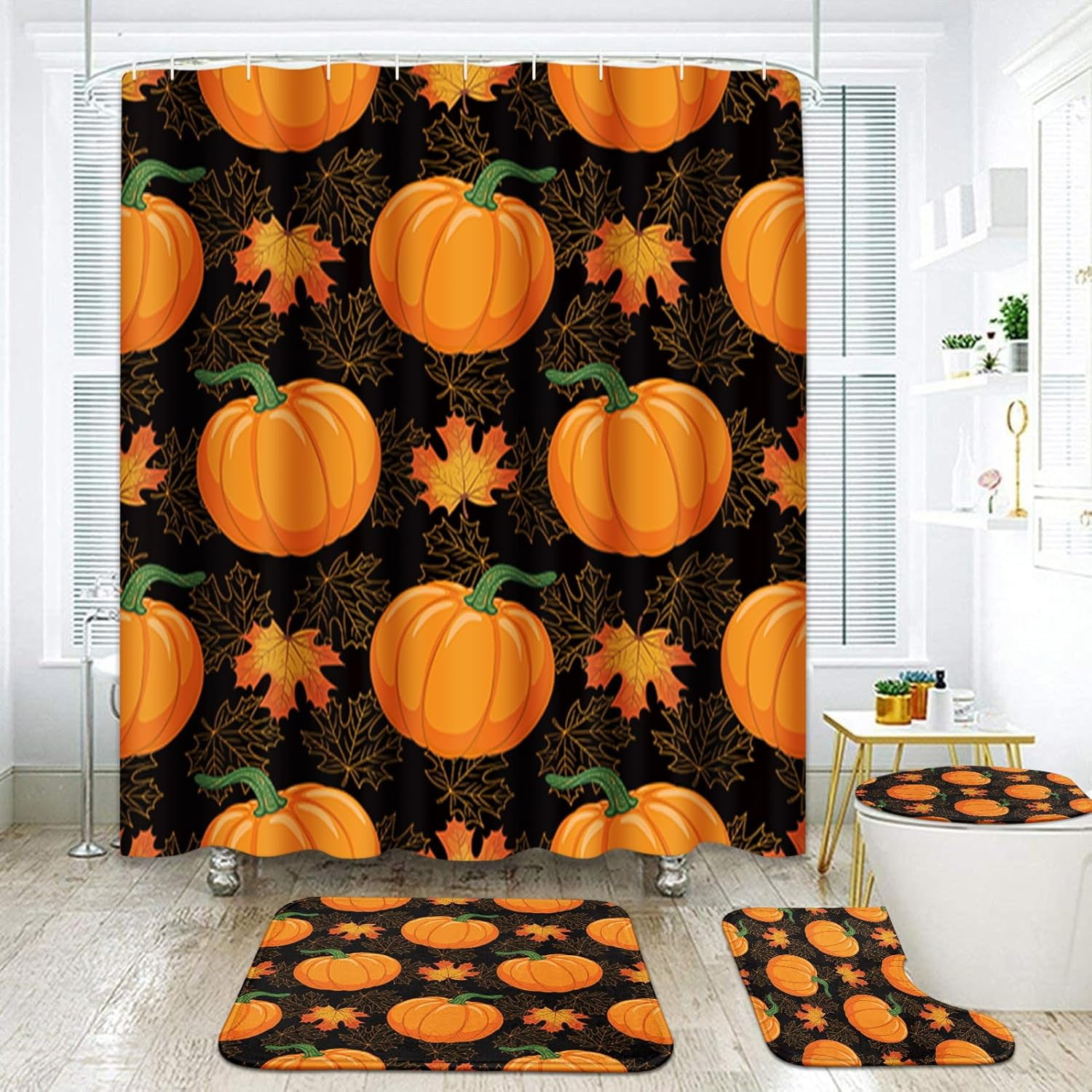 Halloween Pumpkin Bathroom Sets With Shower Curtain And Rugs And Accessories Bat Neon Cute