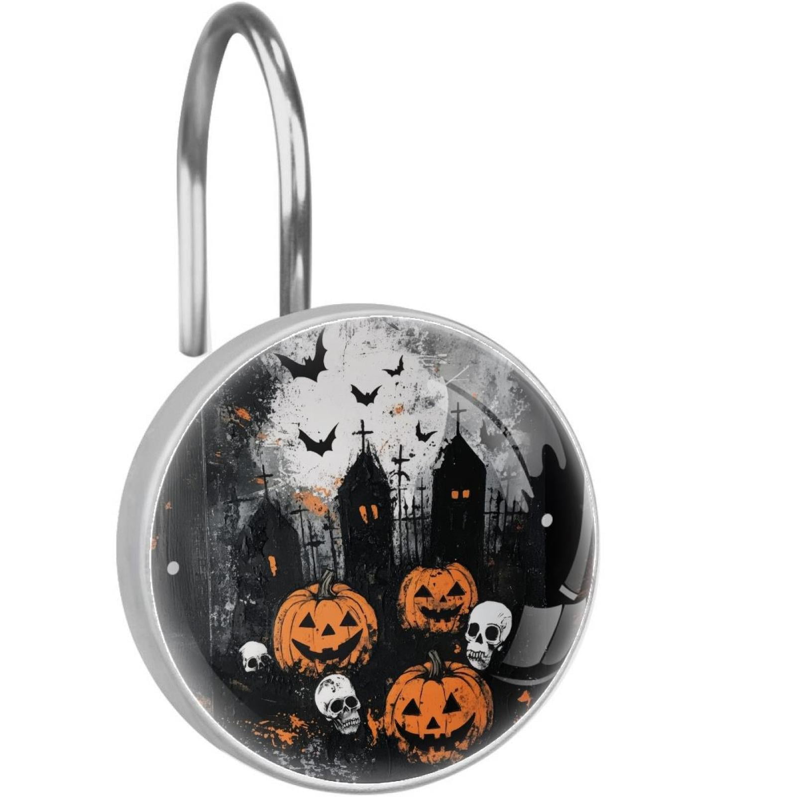Halloween Pumpkin Bats Tomb Shower Curtain Hooks Round Crystal Glass, Set of 12 Shower Curtain Rings - Shower Hooks for Curtain Shower Rings