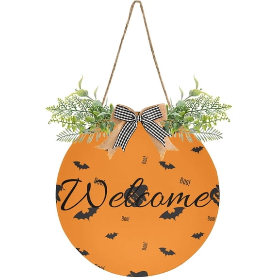 Halloween Pumpkin Bats Welcome Sign Front Door Round Wall Door Sign with Flowers Hanging Sign for Entryway Front Porch Hallway Yard Garden Home Decor