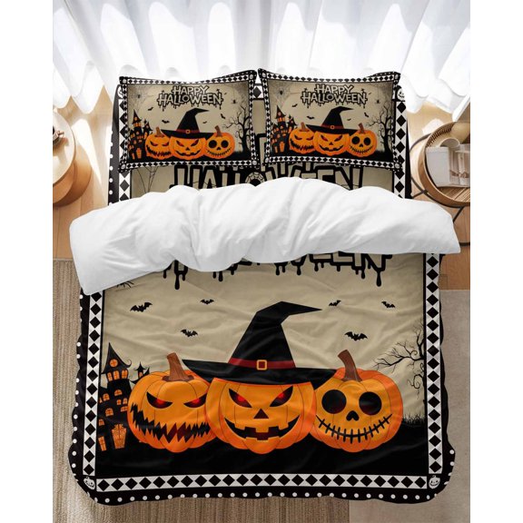 Halloween Pumpkin Bedding Duvet Cover Set Full Size 4 Pieces Castle Lattice Beige Horrible Bedding Set with Zipper Closure, 1 Comforter Cover 86x86 Inches 1 Flat Sheet & 2 Pillow Cases