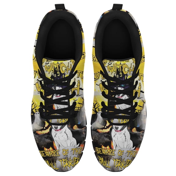 Halloween Pumpkin Beware Of The Bull Terrier Running Shoes Sneakers Mesh Black Size 3.5