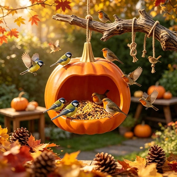 Halloween Pumpkin Bird Feeder, 7.87 Inch Resin Orange Hanging Feeder with Bird Squirrel Accents, Outdoor Yard Garden Porch Fall Decor