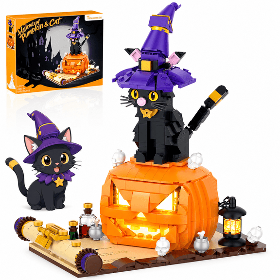 Pumpkin Black Cat Building Blocks Set, Building Toy with LED Lights, 577 PCS Witch Cat Jack O Lantern Model Kit, Holiday Desktop Decor Gift for Kids Teens & Adults
