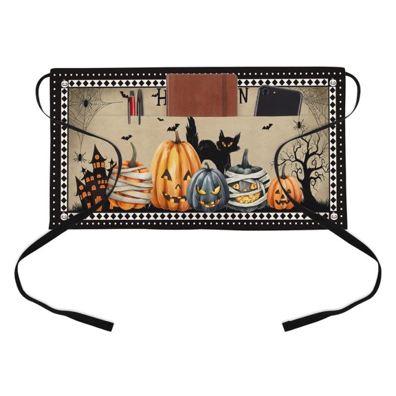 Halloween Pumpkin Black Cat Kitchen Restaurant Half Waist Apron, Castle Bat Bald Tree Vintage Server Short Apron with 3 Pockets Waterproof Oil Waist Aprons for Women Waitress Waiter