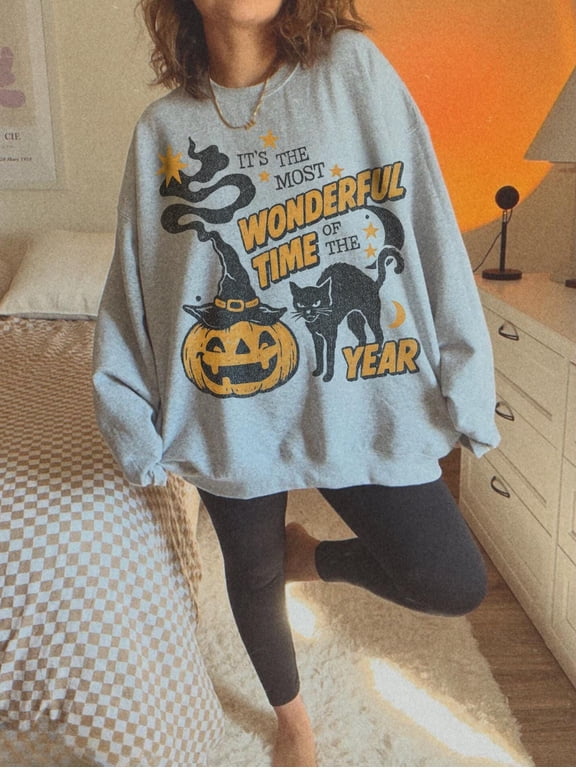 Halloween Pumpkin Black Cat Sweatshirt Grey Spooky Season Sweater Fall Holiday Shirt Jack O Lantern Top