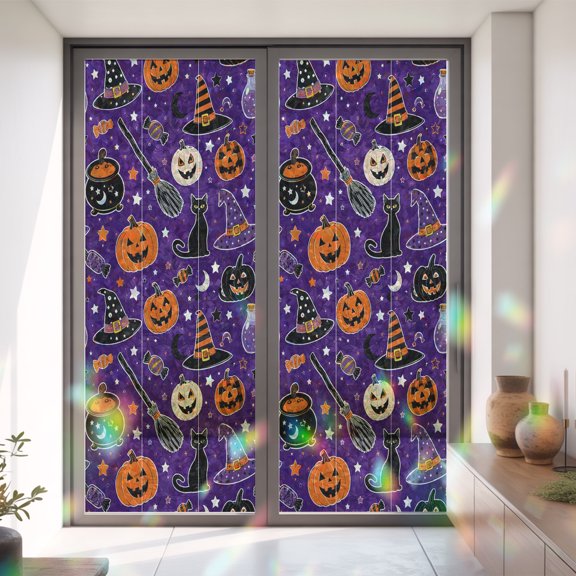 Halloween Pumpkin Black Cat Window Privacy Film,Decorative Windows Static Cling Wizard Hat Retro Broom Heat Control Removable Glass Sticker for Home Bathroom Bedroom Window Door,35.4x78.7in