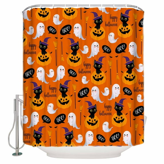 Halloween Pumpkin Black Cat Witch Hat Orange Shower Curtain Set ,Waterproof Fabric Shower Curtains Shower Curtains for Bathroom,Bathroom Decor 72"x72"