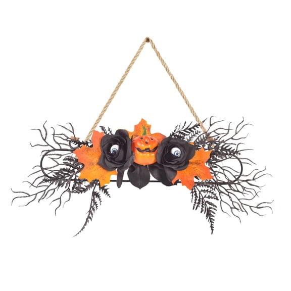 Halloween Pumpkin Black Rose Wall Hanging Sign, Spooky Eyeball Floral Door Hanger with Orange Maple Leaves & Black Fern Foliage, Front Door Wall Decor for Halloween Party Home Porch