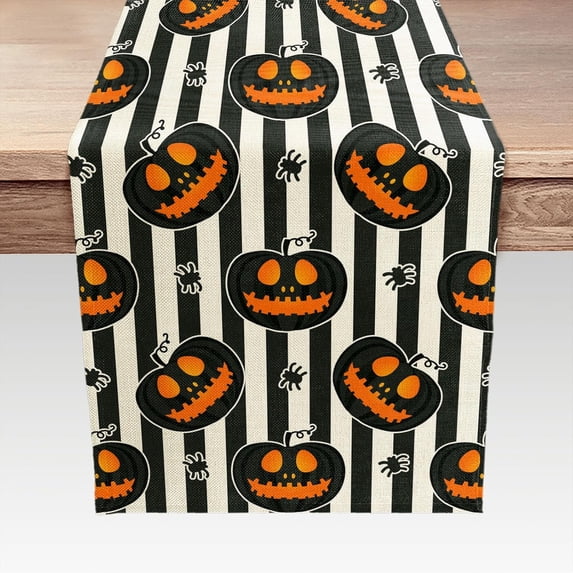 Halloween Pumpkin Black Stripe Table Runner Seasonal Holiday Farmhouse Kitchen Dining Table Decoration Runners for Indoor Outdoor Home Party Decor 13 x 90 Inches