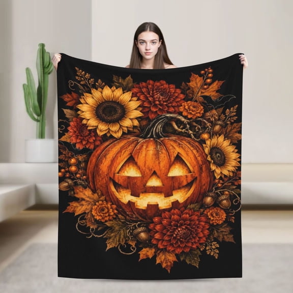 Halloween Pumpkin Blanket Autumn Floral Flannel Throw Blanket Halloween Gift 50x40 in