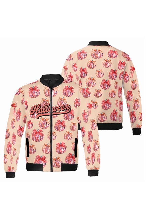 Halloween Pumpkin Bomber Jacket – Cute Pink Graphic Lightweight Zip-Up Jacket