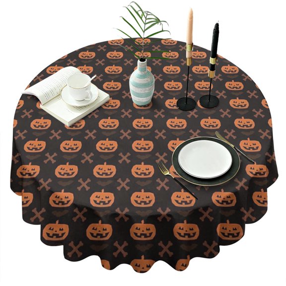 Halloween Pumpkin & Bones Pattern Round Tablecloth 60"x60",Wrinkle Wipeable Table Cloth for Kitchen Dining Room Picnic Patio Party