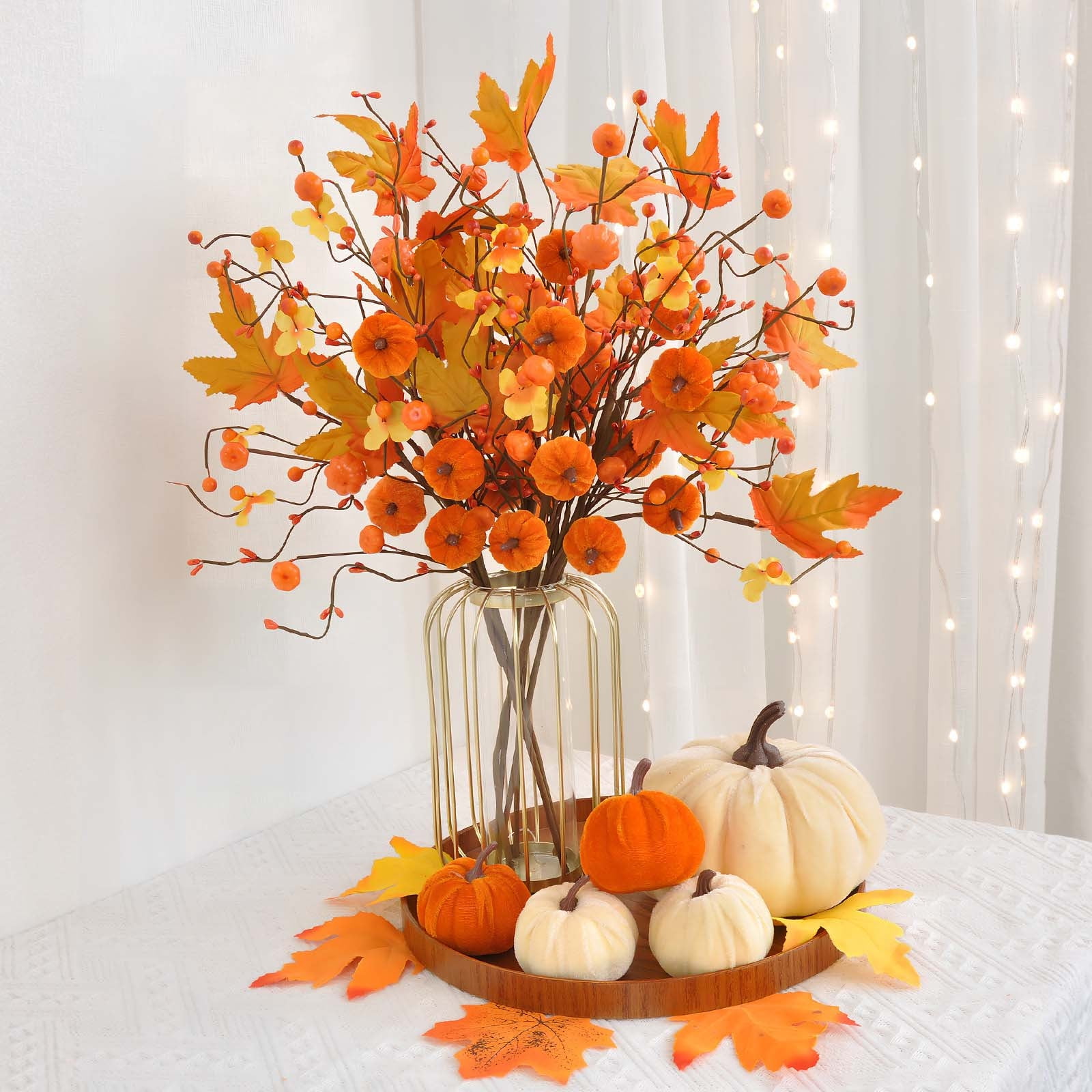 Halloween Pumpkin Bouquet Thanksgiving Decor Fall Maple Leaf Branch Centerpiece with Fluffies for Table Mantel Home Party Autumn Decorations