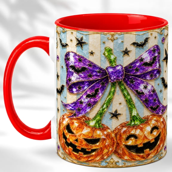 Halloween Pumpkin Bow Coffee Mug, Spooky Pumpkin Mug, Ceramic 11 oz