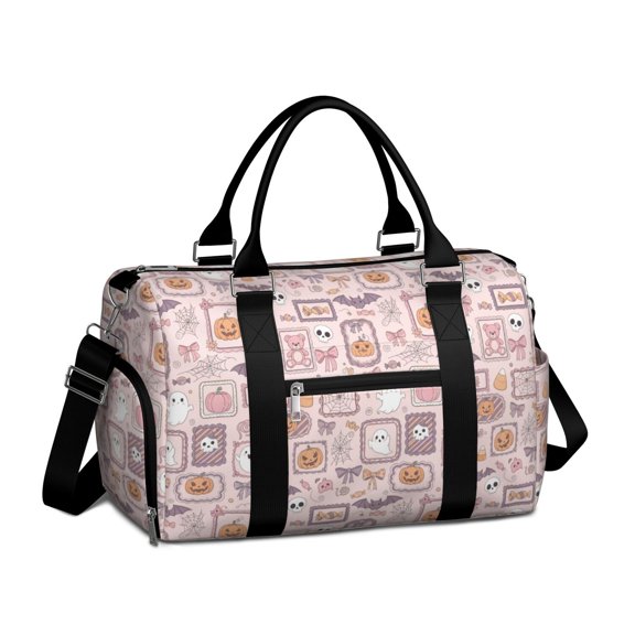 Halloween Pumpkin Bow Pink Pattern Gym Bag with Shoe Compartment, Weekender Bag with Wet Pocket and Trolley Sleeve, Water Resistant Gifts Ideas for Men Women,17.3 X 11.8 X 7.5 Inches