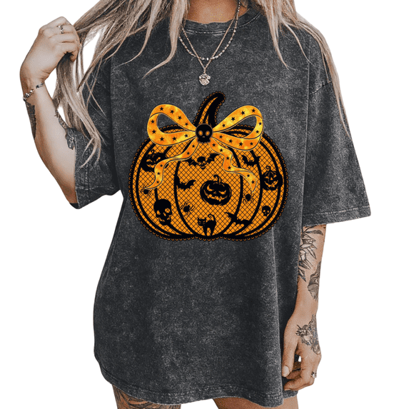 Halloween Pumpkin Bow Vintage Washed Print T-Shirt Womens Retro Crew Neck Short Sleeve Fall Party Top