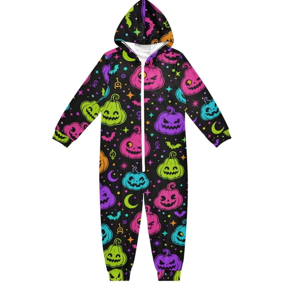 Halloween Pumpkin Boys & Girls Hooded One-Piece Pajamas Warm Crystal velvet Hooded Long Sleeve Loungewear Jumpsuit Unisex