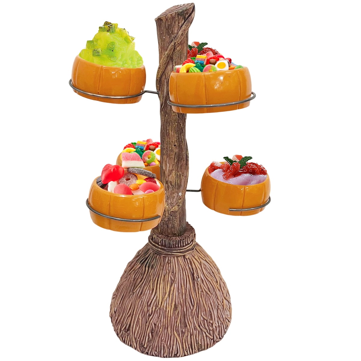 Halloween Pumpkin Broom Snack Bowl Stand, Witches Broom Dessert Display