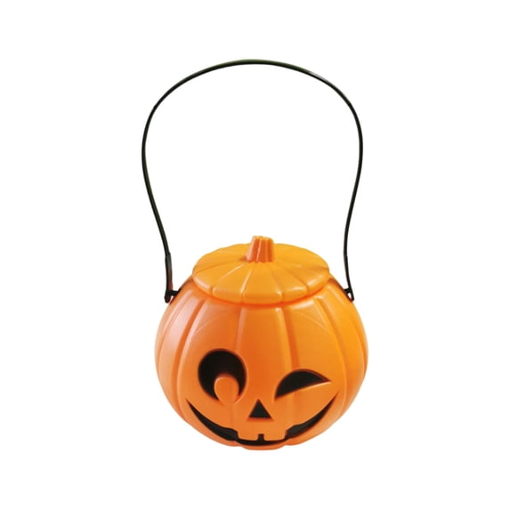 Halloween Pumpkin Bucket 6 Inch Winking Jack O Lantern Plastic Candy Bucket with Lid Trick Or Treat Bucket for Student Halloween Party Decor 1 Pack