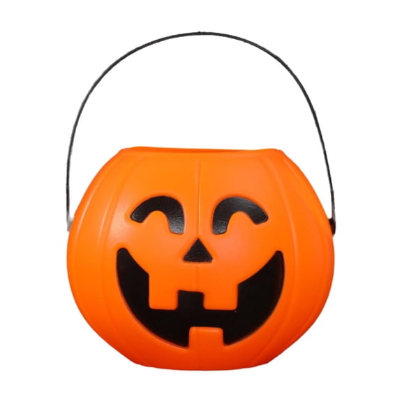 Halloween Pumpkin Bucket Decorative Storage Container with Curved Eyes, Portable Candy Pail Holder for Trick or Treating, Fall Home Shelf Display, Party Favor, Holiday Decor 7.9"x6.7" A